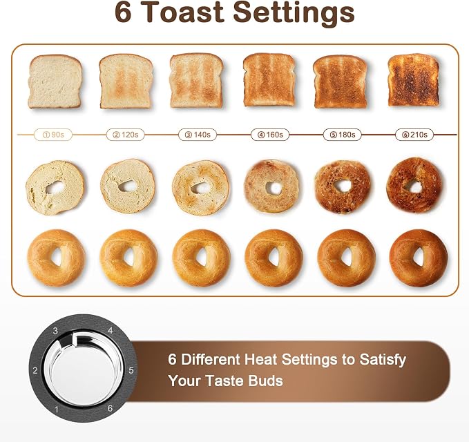 Mecity 4 Slice Toaster, Long Slot Toaster with Timer, Bagel, Defrost, Reheat, Cancel Functions, Warming Rack, Removable Tray, 6 Browning Settings, Extra Wide Slots, Stainless Steel, 1300W