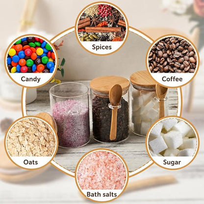 Sugar Jar Glass Salt Container,15 Ounces Clear Airtight Caning with Bamboo Lid and Spoon Scoop, Storage Overnight Oats, Salts, Coffee Bean, Spice, Creamer, Food Organizer, Pack of 1