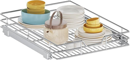 Pull Out Cabinet Organizer, 19.5" W x 21.5" D, Heavy Duty Chrome Slide Out Shelf for Base Cabinets, Sliding Wire Basket Drawer for Pantry Items, Bowls, Containers & Cleaning Supplies