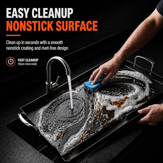 Cast Iron Griddle for Gas Grill, 25" x 16" Nonstick Flat Top Grill Griddle Plate, No Seasoning Required, Heavy Duty Outdoor BBQ Griddle with Grease Drain for Camping, Tailgating and Backyard Cooking