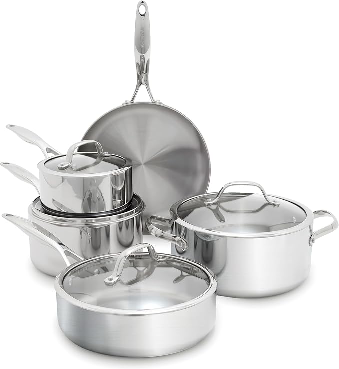 GreenPan Valencia Pro Tri-Ply Stainless Steel 9 Piece Cookware Set, Induction Ready Pots & Pans, Mirror Finish, Dishwasher & Oven/Broiler Safe to 600F, Compatible with All Cooktops
