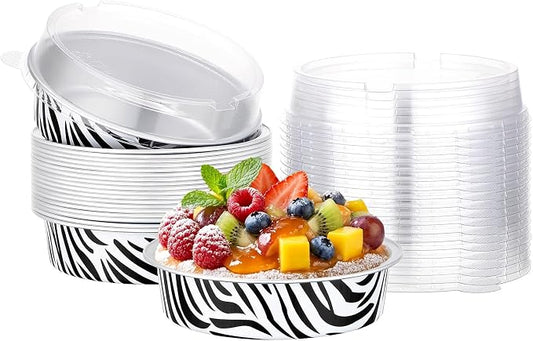 Beasea Mini Tart Pans with Lids 20 Pack, 4" 7.3oz Disposable Aluminum Foil Baking Tins Cups Round Pie Container for Individual Cupcake Dessert Muffin Cheesecake Quiche - Zebra Stripes