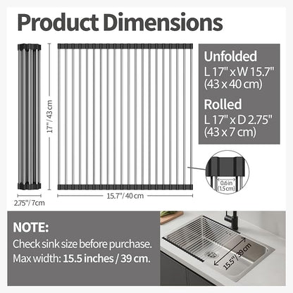 Dish Drying Rack with Roll Up and Over Sink for Kitchen 17"X15.7" (Black)