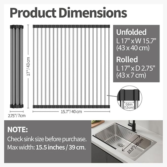 Dish Drying Rack with Roll Up and Over Sink for Kitchen 17"X15.7" (Black)