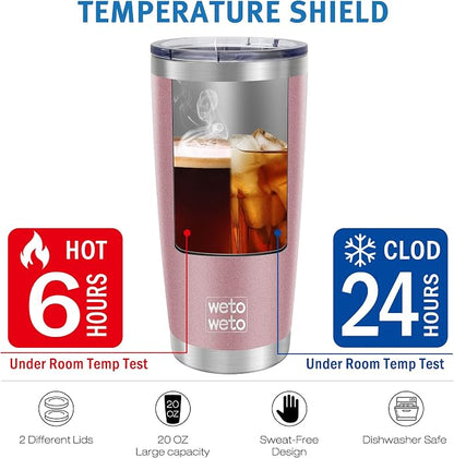WETOWETO 20oz Insulated Stainless Steel Coffee Mug, Double Wall Vacuum Travel Mug with 2 Lids and 2 Straws, Powder Coated Tumbler Cup (Rose Gold,1)
