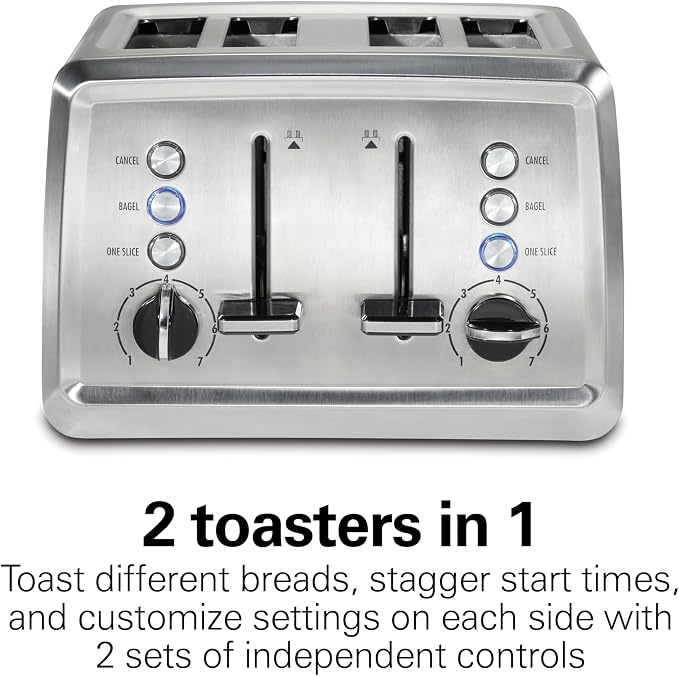 Hamilton Beach 4 Slice Toaster with Extra-Wide Slots, Bagel Setting, Toast Boost, Slide-Out Crumb Tray, Auto-Shutoff & Cancel Button, Stainless Steel (24798)
