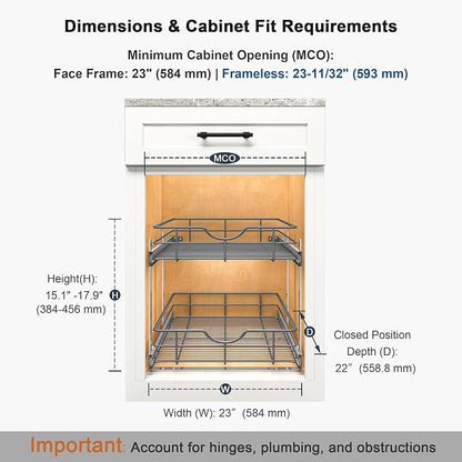 2 Tier Pull Out Cabinet Organizer - 23" W x 22" D Soft Close Slide Out Shelves with Shelf Liners - Pullout Drawers for Kitchen Cabinets, Pantry, Bathroom, Heavy Duty Steel Wire Baskets