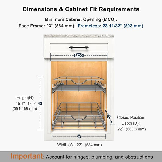 2 Tier Pull Out Cabinet Organizer - 23" W x 22" D Soft Close Slide Out Shelves with Shelf Liners - Pullout Drawers for Kitchen Cabinets, Pantry, Bathroom, Heavy Duty Steel Wire Baskets