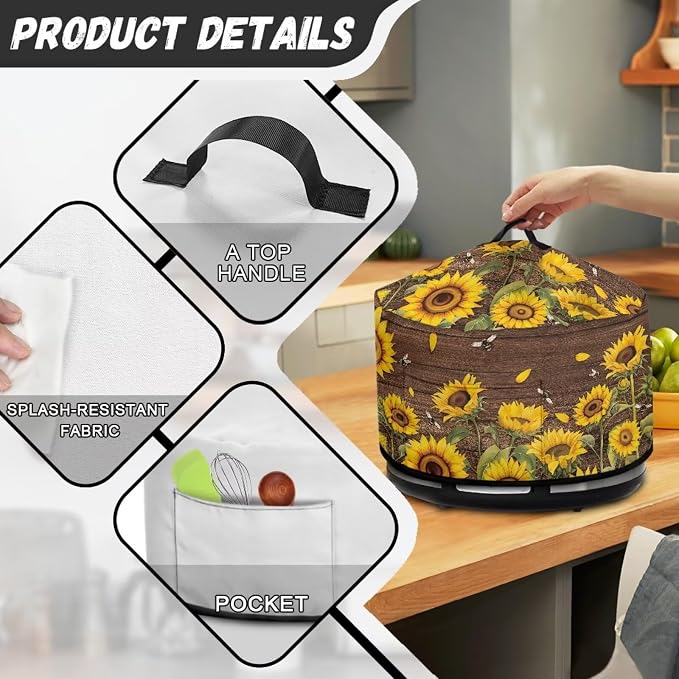 Sunflowers Bees Slow Cooker Cover for Pot Dust Cover Fits for Most 6-8 Quart Oval Slow Cooker Dustproof Small Appliance Accessories Wood - textured Background