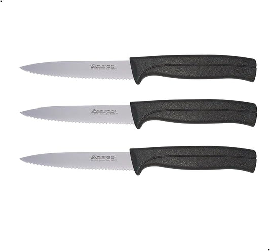 Kitchen Knife Set - MATTSTONE HILL Paring Knife Set, 4 Inch Serrated Utility Knife, Vegetable Knife Set, Slim Blade, Premium Stainless Steel, Semi Soft Handle, Black