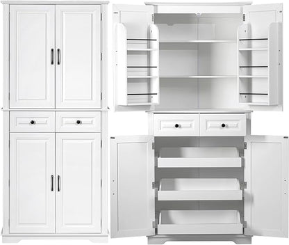 VilroCaz Wooden 71" H Kitchen Pantry with 3 Pull Out Cabinet Organizers, Freestanding Cupboard Storage Cabinet with 4 Doors and 2 Drawers, Farmhouse Embossed Texture Design (White-5.K)