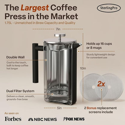 SterlingPro Extra Large Insulated Stainless Steel French Press Coffee Maker 59oz – Insulated Metal XL Double Wall Coffee Maker | Plastic Free | Cool-Touch | Black Finish | Makes up to 16 cups / 8 mugs