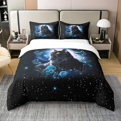 Castle Fairy Mysterious Cat 100% Natural Cotton Duvet Cover Queen Size Blue Flower Butterfly Comforter Cover with 2 Pillowcases Fantasy Galaxy Starry Sky Bedding Set 3 Pcs Bed Cover(No Filler)