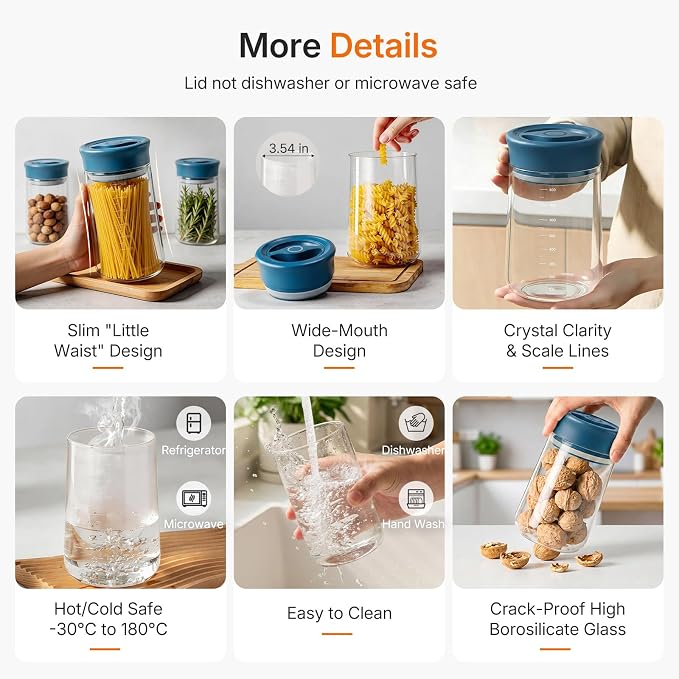 Airtight Food Jar with Blue Rotary Lid, 27oz Borosilicate Food Storage Canisters with Measurement Marks, Wide Mouth Pantry Jar for Kitchen, Counter, Coffee Beans, Oats, Cereal, Pasta, Cookie