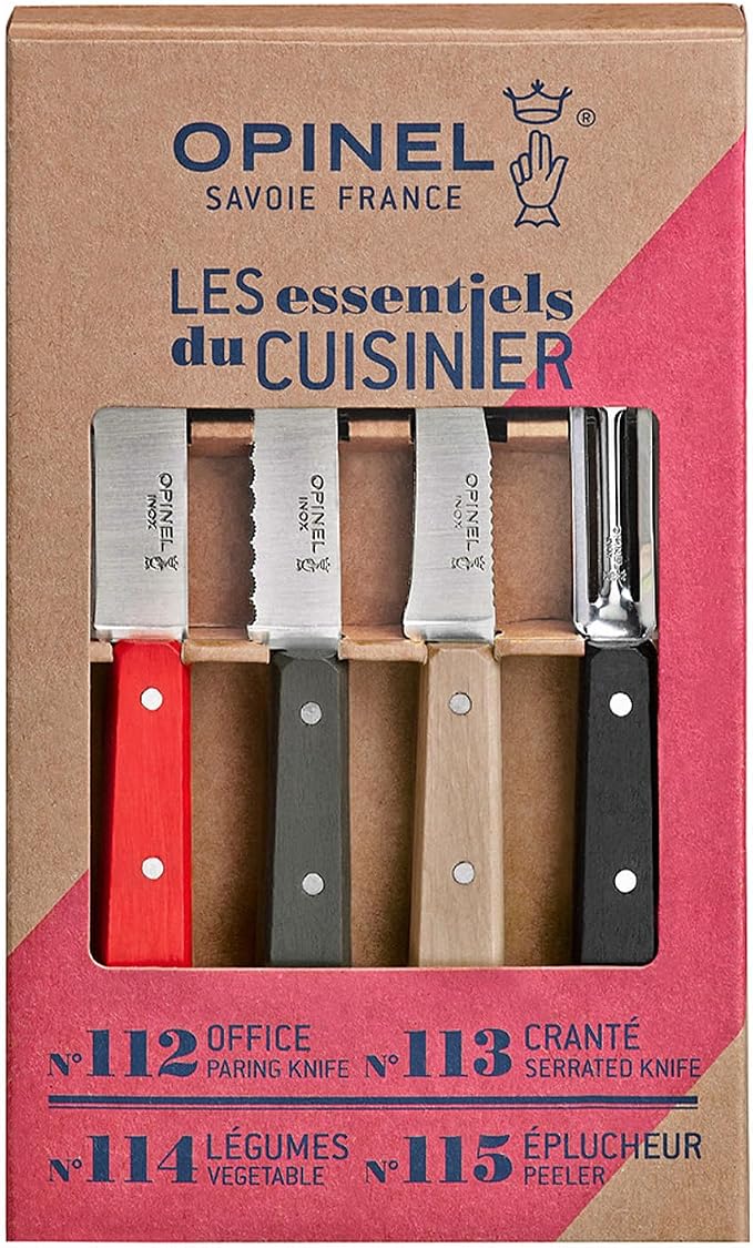 OPINEL Les Essentials - Small Kitchen 4 Piece Knife Set - Paring, Serrated, Peeler, Vegetable Knife, Corrosion Resistant High Carbon Steel, Made in France (Loft)