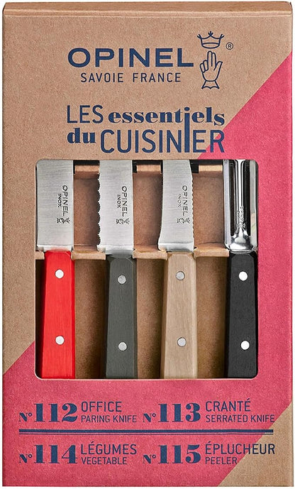 OPINEL Les Essentials - Small Kitchen 4 Piece Knife Set - Paring, Serrated, Peeler, Vegetable Knife, Corrosion Resistant High Carbon Steel, Made in France (Loft)