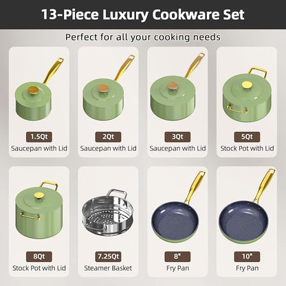 Nuwave Lux LE 13-Pc Cookware Set with Elegant Gold Handle, Diamond Infused Ceramic Non-Stick, PFAS Free, Premium Metal Lids, Ergonomic Stay-Cool Handles, Induction Ready & Compatible w/All Cooktops