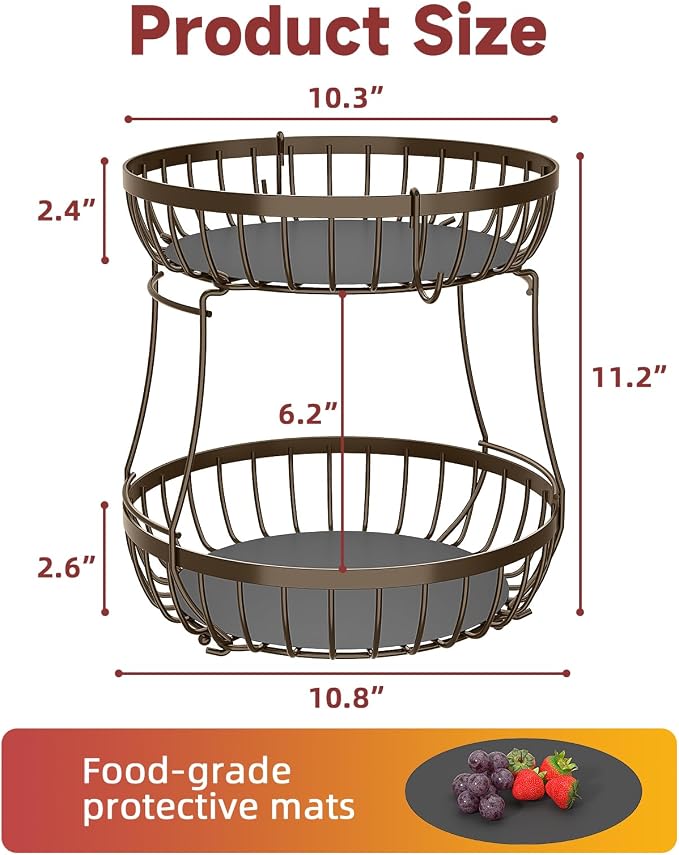 Sevenblue 2 Tier Fruit Basket for Kitchen Counter with 2 Banana Hangers, Metal Stackable Fruit Bowl for Kitchen Counter for Bread Vegetable Fruits, Brown