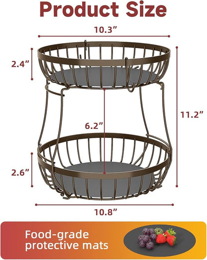 Sevenblue 2 Tier Fruit Basket for Kitchen Counter with 2 Banana Hangers, Metal Stackable Fruit Bowl for Kitchen Counter for Bread Vegetable Fruits, Brown