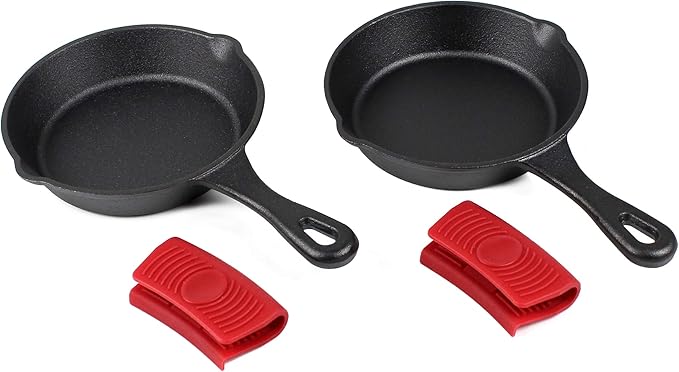 6" Cast Iron Skillet Set of 2 (Pre-Seasoned) with 2 Silicon Hot Handle Holder Grips