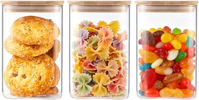 3-Pack Square Glass Containers with Bamboo Lids, 32 fl oz/720ml Airtight Canister Set, Clean Elegant Storage Jars for Candy, Coffee, Tea, Sugar, Flour, Cookies, Spices