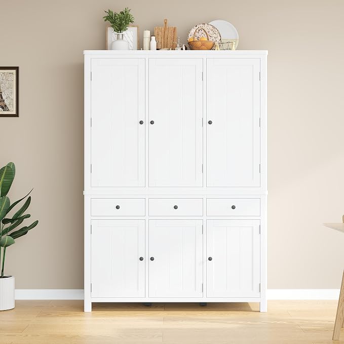 74.8''H High Freestanding Kitchen Pantry, Wooden Kitchen Organizers Cupboard Storage Cabinet with Door Shelves, Adjustable Shelves, Pull-out Trays and Drawers for Dining Room Living Room (White-2.12)
