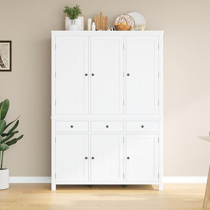 74.8''H High Freestanding Kitchen Pantry, Wooden Kitchen Organizers Cupboard Storage Cabinet with Door Shelves, Adjustable Shelves, Pull-out Trays and Drawers for Dining Room Living Room (White-2.12)