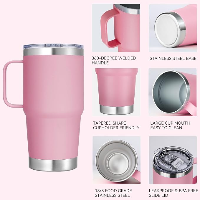 20 oz Stainless Steel Tumbler with Handle Metal Insulated Coffee Travel Mug with Handle Double Wall Tumbler Cup with Handle and Lid, Pink 1 Pack