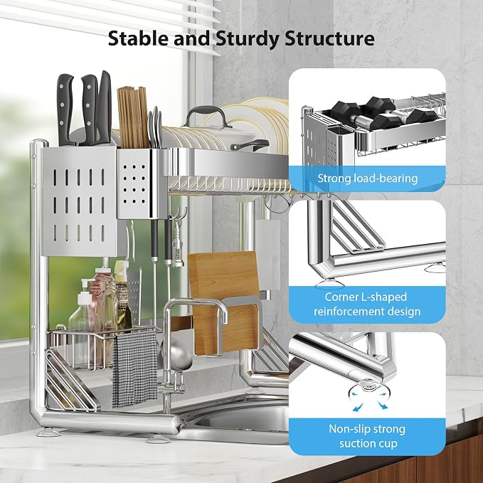 Over The Sink Dish Drainer Drying Rack, 2 Tier Adjustable Width (20.87'' to 37.6'') 304 Stainless Steel Large Over Sink Dish Drying Rack for Kitchen Counter Organizer, (Silver)