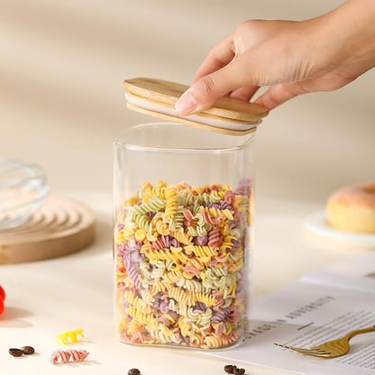 3-Pack Square Glass Containers with Bamboo Lids, 32 fl oz/720ml Airtight Canister Set, Clean Elegant Storage Jars for Candy, Coffee, Tea, Sugar, Flour, Cookies, Spices