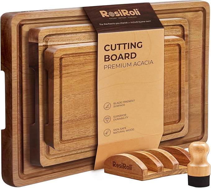 Acacia Wood Cutting Board Set of 3 for Kitchen — Non-Toxic, Kiln-Dried & Pre-Oiled 3x | Warp-Resistant Solid Acacia with Juice Groove, Handles & Anti-Slip Feets | Large Medium Small