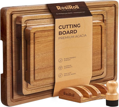 Acacia Wood Cutting Board Set of 3 for Kitchen — Non-Toxic, Kiln-Dried & Pre-Oiled 3x | Warp-Resistant Solid Acacia with Juice Groove, Handles & Anti-Slip Feets | Large Medium Small