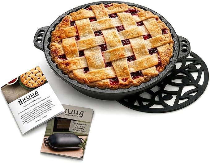 KUHA Cast Iron Pie Pan | Pre-Seasoned Round Cast Iron Pan for Apple, Pumpkin & Cherry Pies, Quiche & Tarts | For Baking & Serving | Silicone Trivet Included | 9", 2" Deep