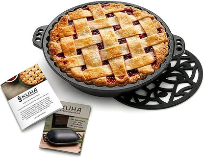 KUHA Cast Iron Pie Pan | Pre-Seasoned Round Cast Iron Pan for Apple, Pumpkin & Cherry Pies, Quiche & Tarts | For Baking & Serving | Silicone Trivet Included | 9", 2" Deep