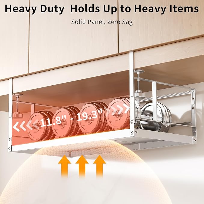 prueBox Under Shelf Storage Basket Organizer Adjustable Hanging Holder with Knob Lock, Heavy Duty Metal Panel for Pantry, Kitchen, Office, Closet, 11.8"-19.3" Wide, White, 1 Pack