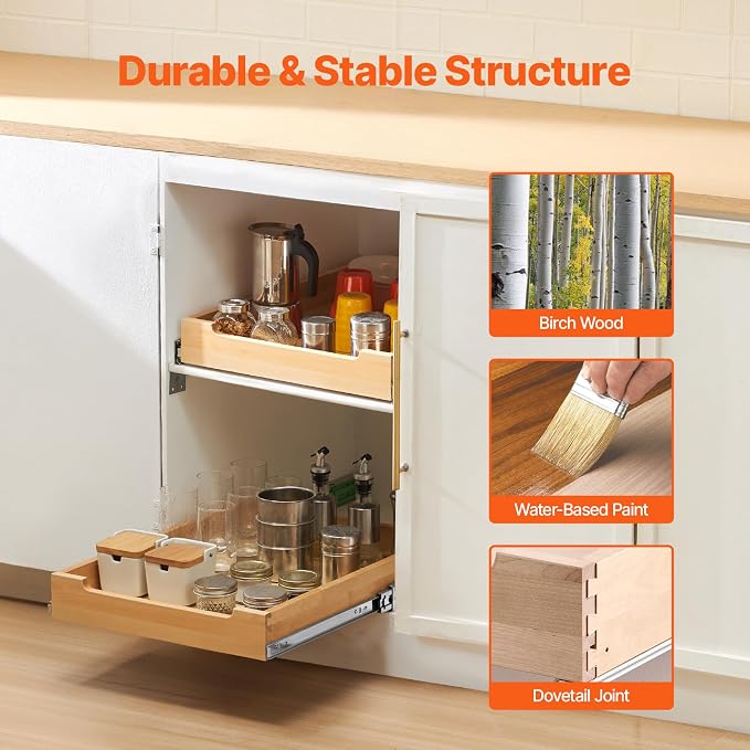 VEVOR Pull Out Cabinet Organizer, 17"W x 21"D Cabinet Drawer, Soft Close Slide out Shelf, Heavy-Duty Sliding Wood Drawer, Bottom Mount Size（17.5"W x 23"D）and Side Mount Size（18"W x 23"D）