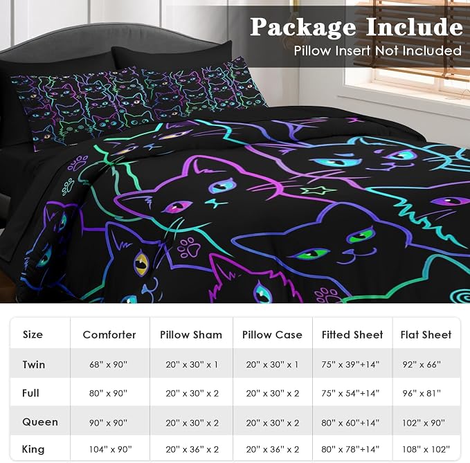 Pamnest 7 Pcs King Size Comforter Set with 2 Pillowcases & 2 Shams, Cute Cat Halloween Bedding Set for Kids and Adults, Neon Funny Gothic Bed in a Bag with Flat Sheet and Fitted Sheet