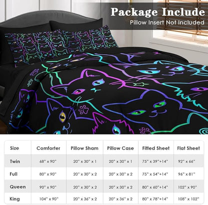 Pamnest 7 Pcs King Size Comforter Set with 2 Pillowcases & 2 Shams, Cute Cat Halloween Bedding Set for Kids and Adults, Neon Funny Gothic Bed in a Bag with Flat Sheet and Fitted Sheet