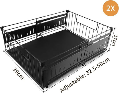 Expandable Pull Out Cabinet Organiser, No Drill Adhesive Slide Out Kitchen Drawer Shelf Durable Metal for Under Sink, Cupboard, Pantry, Adjustable Width (12.8"-19.7") (Style A Black, 2 Pack)