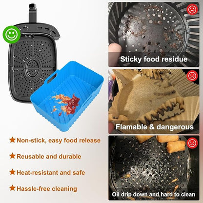 Silicone Air Fryer Liners Rectangle 2 Pack 8.0 Inch Airfryer Liners 8-10 QT Dual Air Fryer Liners Reusable Pot Oven Liner Baking Tray, Air Fryer Basket Silicone Mat Bowl Air Fryer Accessories Kitchen