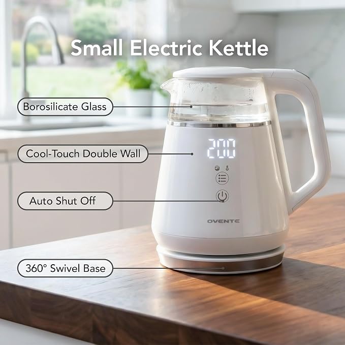 OVENTE 1L Small Electric Kettle with 5 Temperature Preset, Digital Display, 5Hr Keep Warm, Auto Shut-Off, Double-Wall Cool Touch Exterior, Borosilicate Glass,1500W BPA Free Water Boiler, White KD95W
