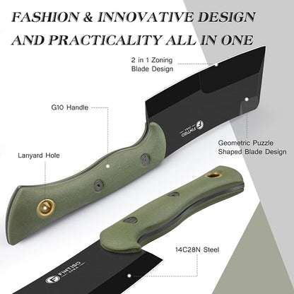 5.5 Inch Butcher Knife, 2-in-1 Chef & Meat Cleaver Knife with Sheath, Multipurpose Full Tang G10 Handle Kitchen Knives for Bone Chopping, 14C28N High Carbon Stainless Steel for Home and Outdoor