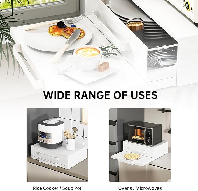 2-Tier Pull-Out Cabinet Organizer with Drawer & Countertop, Adjustable Kitchen Microwave Stand, Spice Rack Storage for Countertop, Cabinet, Pantry, Steel, White (18.3''W x 14.1-24.3''D x 5.5''H)