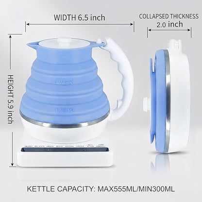 Collapsible Travel Tea Kettle with Temperature Control, Portable Electric Tea Kettle, Collapsible Water Kettle with Detachable Base, BPA-Free Silicone, Keep Warm & Auto Shut-Off, 555ml 110V Blue