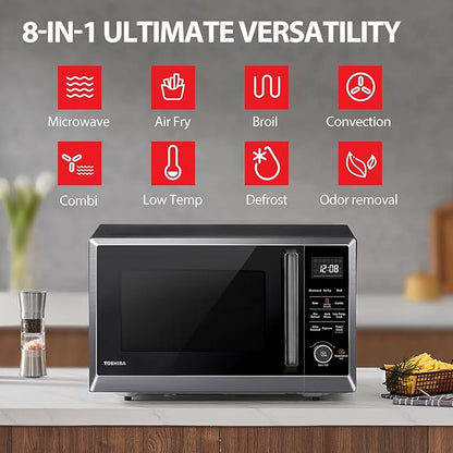 TOSHIBA Air Fryer Combo 8-in-1 Countertop Microwave Oven, with Convection, Broil, Odor Removal Mode, 12.4" Position Memory Turntable, Child-Lock, 1.0 Cu.ft, Black Stainless Steel, ML2-EC10SA(BS) A