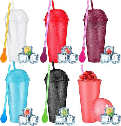 6 Set Slushie Cups with Dome Lids and Straws Detachable Spoon Straws Reusable Plastic Iced Coffee Cups Smoothie Tumbler for Birthdays Summer Party Supplies(Dark Colors,24 oz)