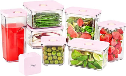 VAKUEN Premium Airtight Food Storage Containers ROSE 8P/SET, 6pcs Container, 1pcs Water Pitcher and Vacuum Sealer. Patented Double Silicone Lining, 100% Leak Proof, BPA-FREE