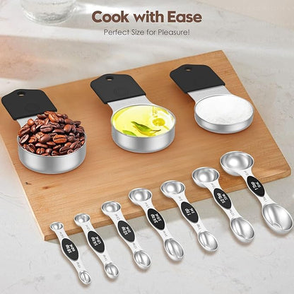Magnetic Measuring Cups and Spoons Set – 304 Stainless Steel | Dual-sided Design | 15-Piece with Leveler | N52 Space-Saving Magnetic Nesting | Baking & Meal Prep | Kitchen Gift (Black)