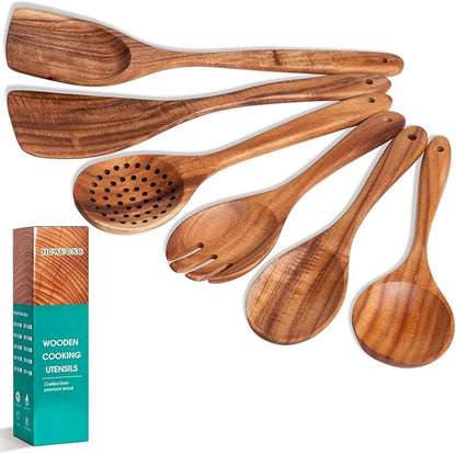 HOWHONG Wooden Spoons for Cooking, Teak Wood Kitchen Utensil Set, Premium Handmade Wooden Utensils for Nonstick Cookware, Heat Resistant, Smooth Finish, Comfortable Grip, 6 Piece