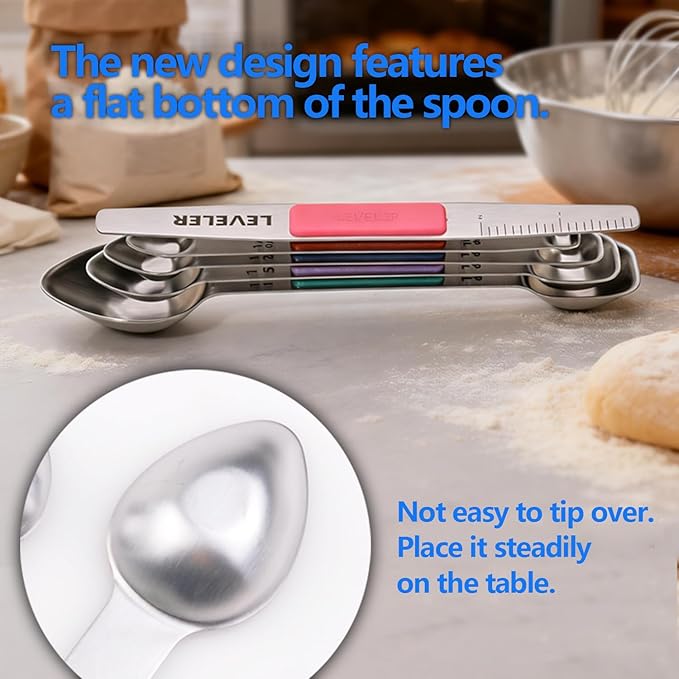 Stainless Steel Magnetic Measuring Spoons Set, Heavy Duty Metal Kitchen Gadgets for Baking & Cooking, Fits in Most Kitchen Spice Jars, Set of 4 with Leveler (Multicolor)